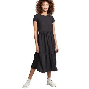 Nation Ltd Midi Dress Washed Black Short Rolled Sleeve Cotton Tiered Size S